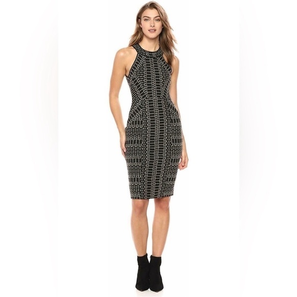BCBGMaxAzria Bodycon Pyramid Jacquard Sheath Dress XS Black and Tan - Picture 2 of 8